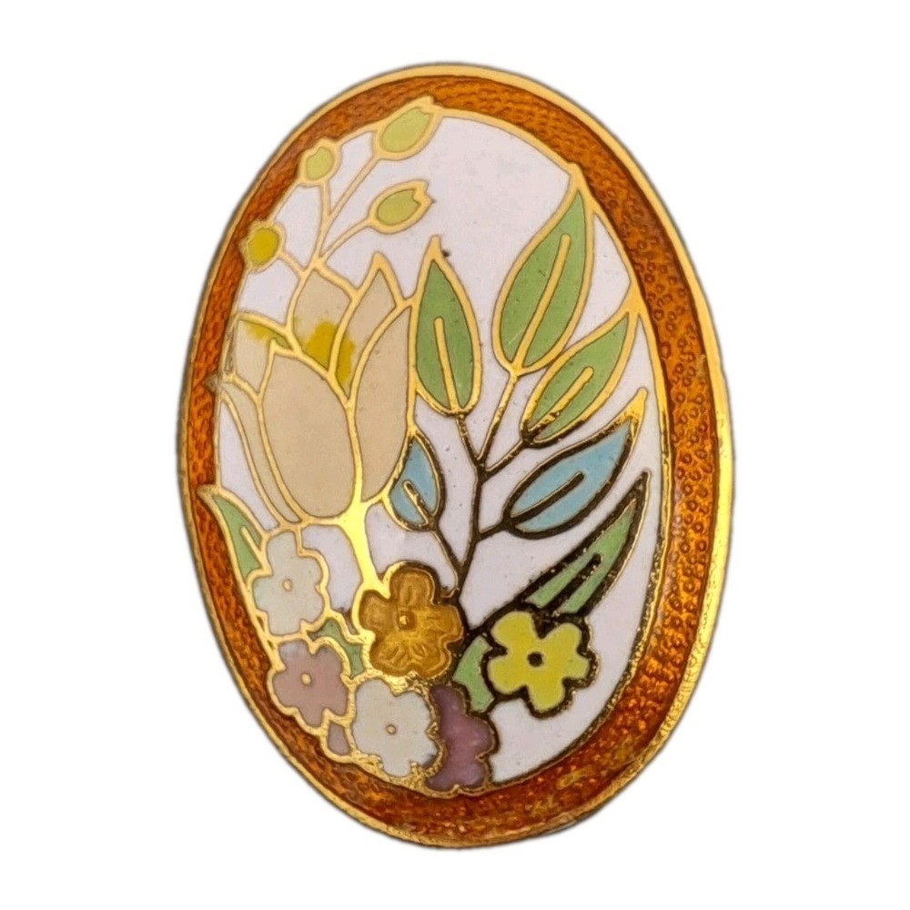 Vintage Cloisonne Enamel Brooch Flower Floral Art Nouveau Style Oval